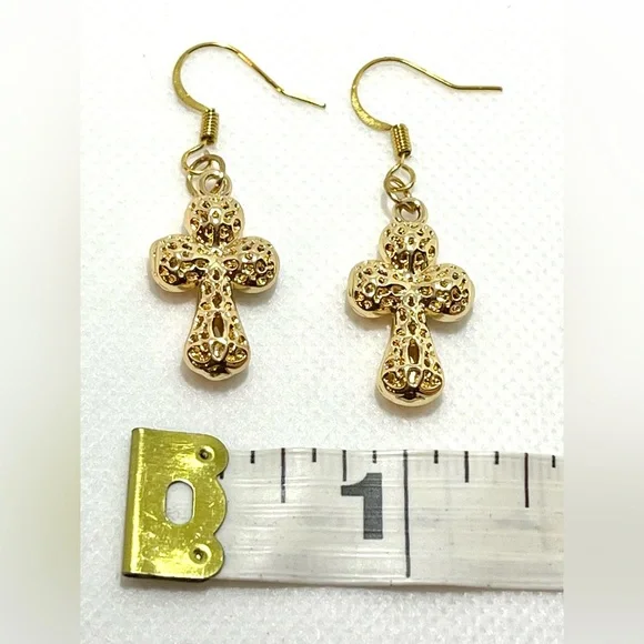 NWT Gold Cross Earrings Drop Dangle Textured 3D 18k gold plated hook boutique - Picture 9 of 10
